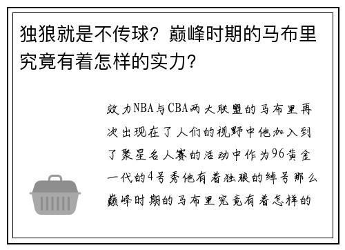 独狼就是不传球？巅峰时期的马布里究竟有着怎样的实力？