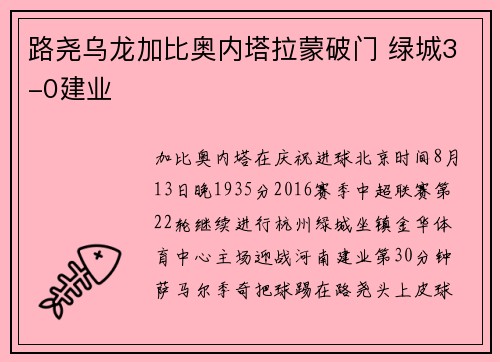 路尧乌龙加比奥内塔拉蒙破门 绿城3-0建业